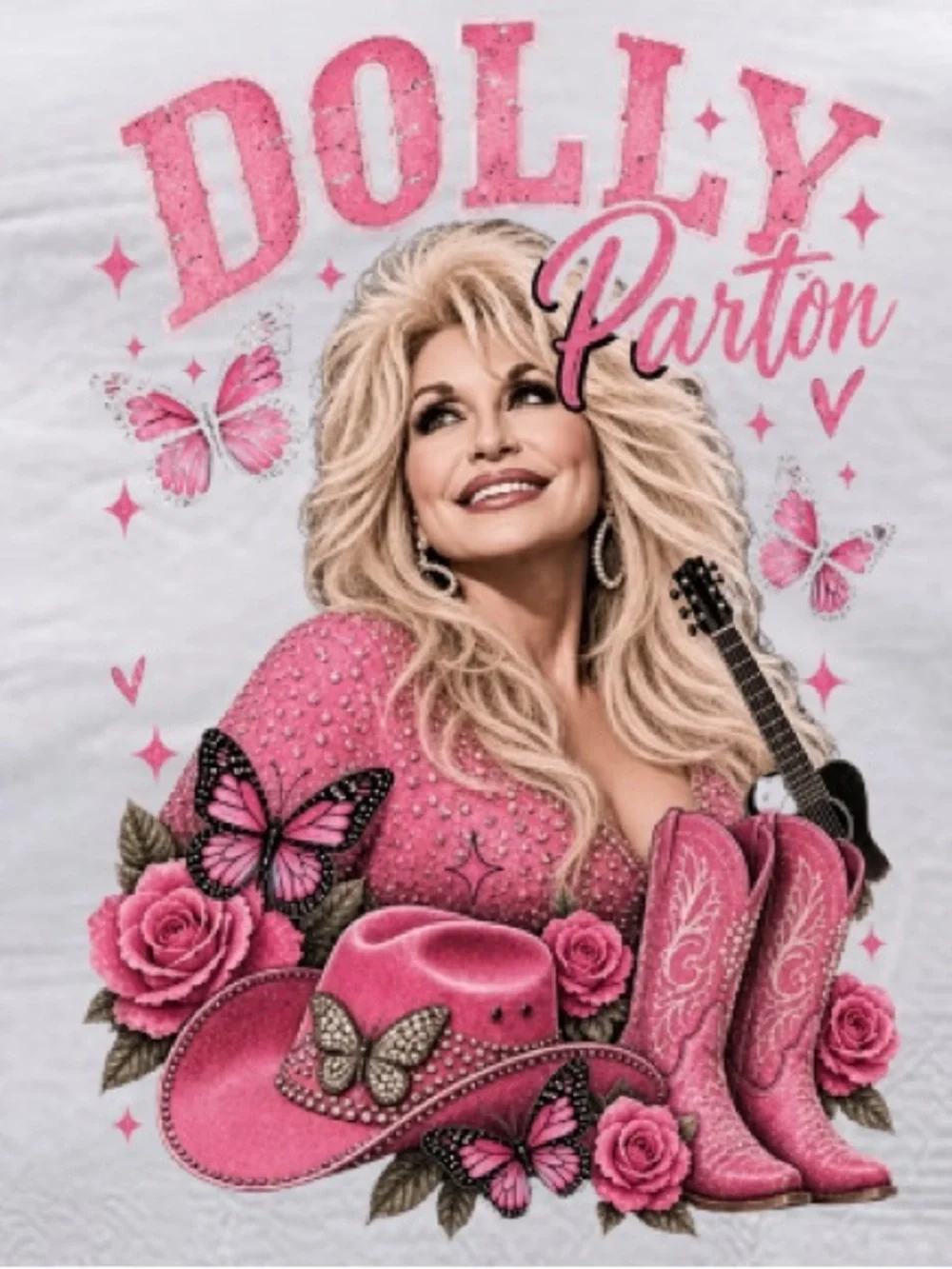 Dolly Parton Pink Cowboy Hat Boots Roses Butterflies Country Music Vintage Tee